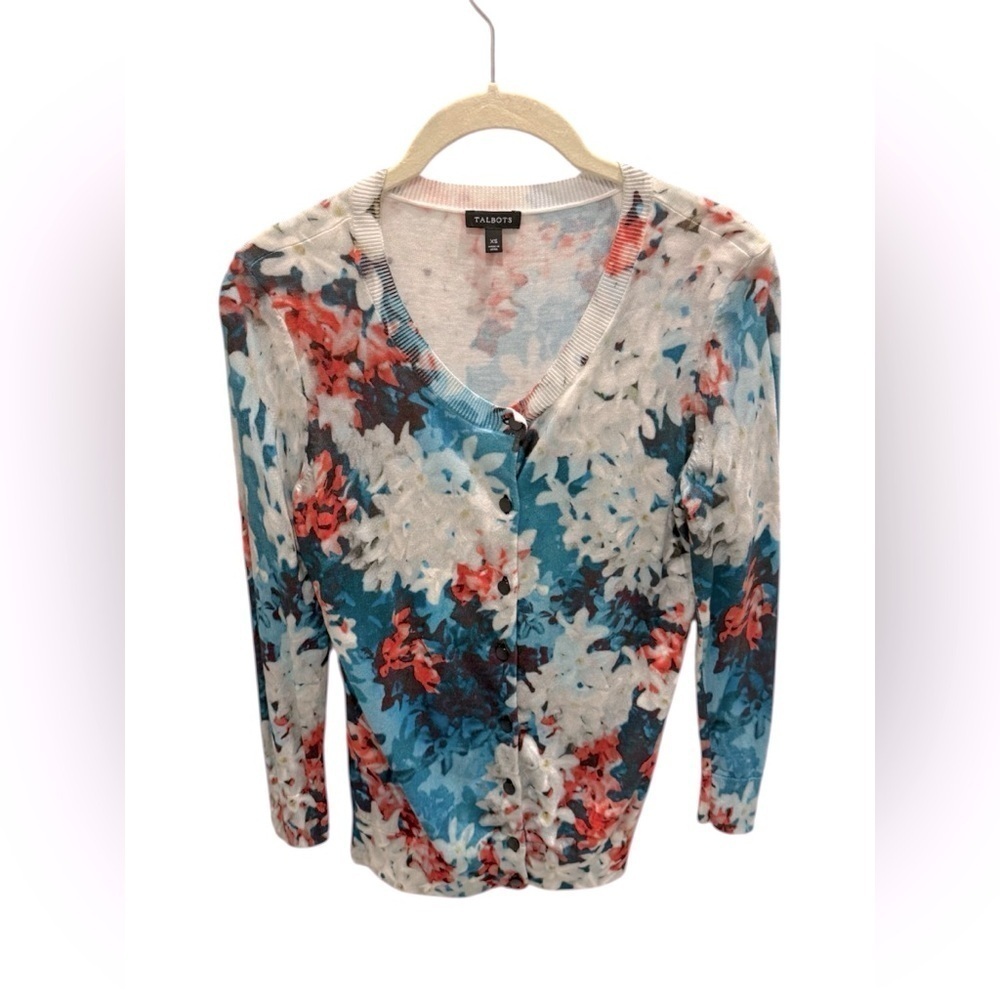 Talbots Floral Button-Up Cardigan Blue Pink Women’s Size XS